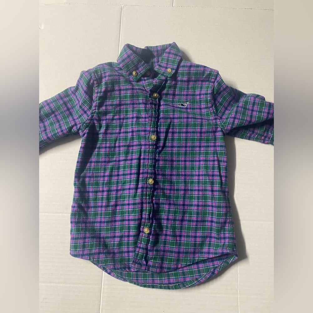 Vineyard Vines Green and Purple Plaid long sleeve Button Down Shirt boys 2T